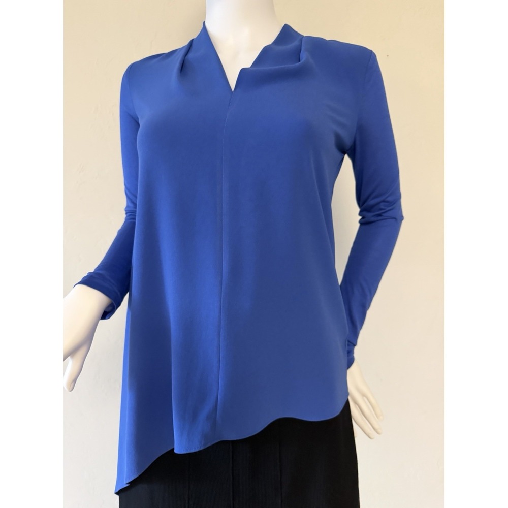 Escada Women's Crepe Tunic Blouse Blue Asymmetrical Hem V-Neck Long Sleeve 32 - Picture 2 of 12